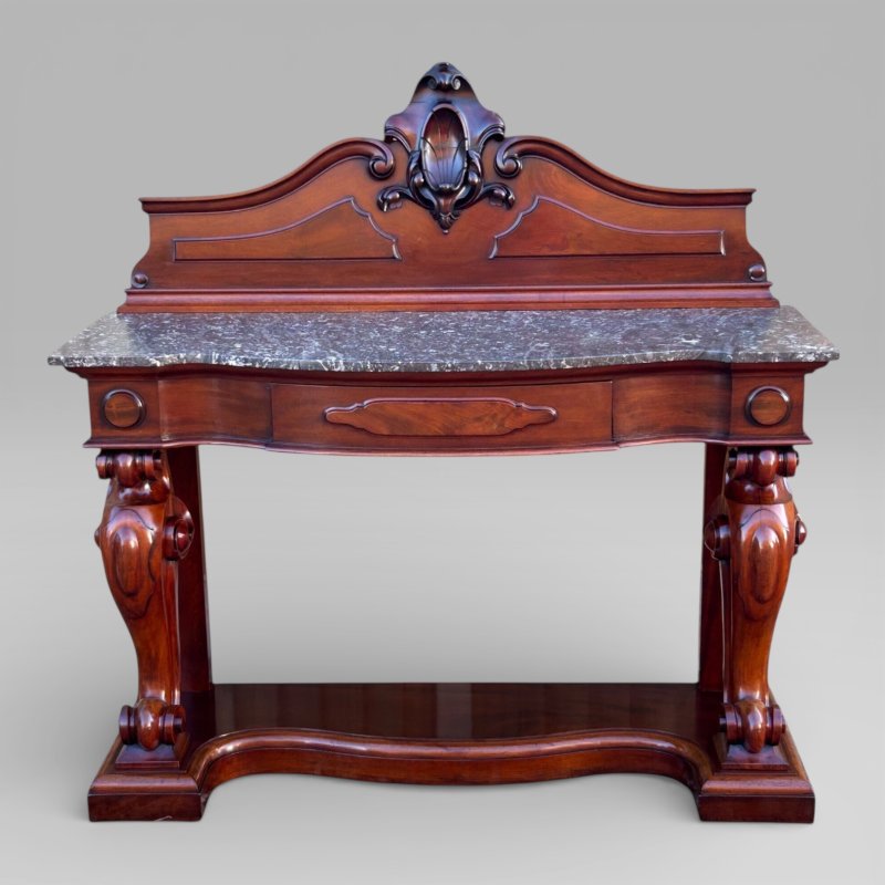 Antique Victorian Mahogany & Marble Topped Carved Console Wall Table With Drawer
